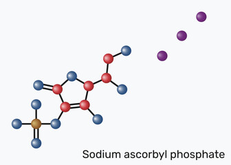 Sodium ascorbyl phosphate, SAP molecule. Stable vitamin C derivative for skincare, antioxidant, collagen support, anti-acne, water-soluble cosmetic active. Molecular model. Vector Illustration
