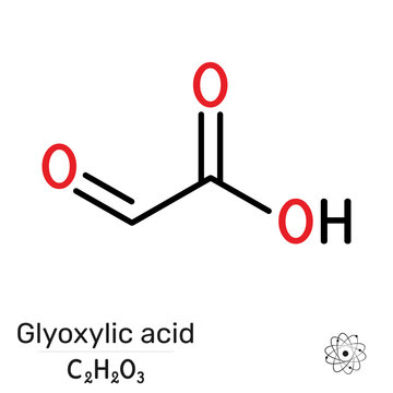 Glyoxylic acid molecule. Synthesis of hydroxyphenylglycine and amoxicillin precursor; hair straightening cosmetic chemistry; glyoxylate cycle metabolism. Vector illustration