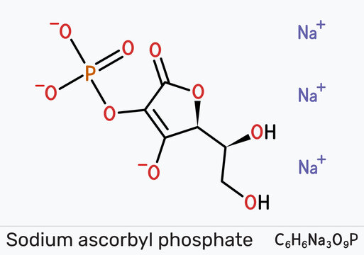 Sodium ascorbyl phosphate, SAP molecule. Stable vitamin C derivative for skincare, antioxidant, collagen support, anti-acne, water-soluble cosmetic active. Vector illustration