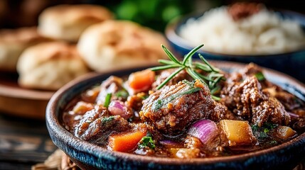 Spicy lamb curry stew with vegetables and rosemary