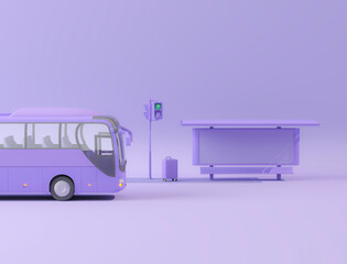 City bus and luggage, street light on blue purple background. Creative composition. Light background with copy space. 3D render for web page, presentation, studio.