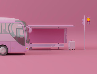 City bus and luggage, street light on pink background. Creative composition. Light background with copy space. 3D render for web page, presentation, studio.