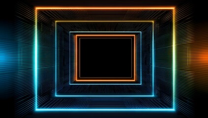 Abstract geometric tunnel of glowing neon squares with futuristic digital circuit board background and vibrant blue and orange light effects