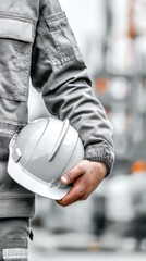 Worker holding hard hat, symbolizing safety and industry