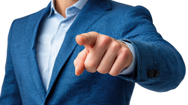 Focused Decision: An individual in a sharp, blue suit extends a pointing finger, symbolizing deliberate choice, authority, and decisive action, conveying a message of direction and engagement.