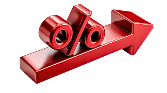 Percentage Increase: A vibrant, three-dimensional representation of a percentage symbol coupled with an upward-pointing arrow, symbolizing growth and positive change in financial metrics.