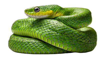 Emerald Serpentine: A vibrant, emerald-green snake coils gracefully, showcasing its intricate scales and captivating gaze. A symbol of nature's artistry and mystery.