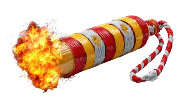Exploding Firework: A vibrant firework, wrapped in a bold pattern of red, yellow, and white, ignites, releasing a burst of fiery energy.