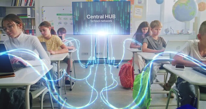 Children Work on Laptops in Futuristic Classroom Connected to Central Hub Via Virtual Light Lines. Concept of Digital Education, Global Connectivity, Immersive Learning Through Technology. Dolly Shot.