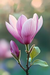 Close-up of beautiful blooming pink magnolia flowers with soft light and blurred green background creating a serene and delicate atmosphere