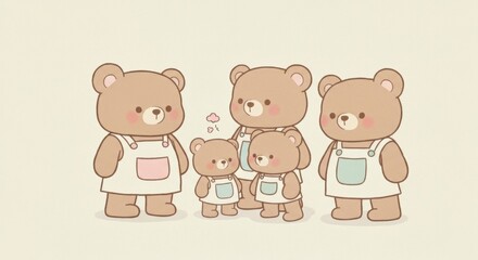 Obraz premium Adorable Family of Five Bears In Cute Overalls Standing Together in a Warm Palette