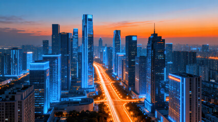 Obraz premium Modern Neon Blue Architectural Cityscape at Dusk