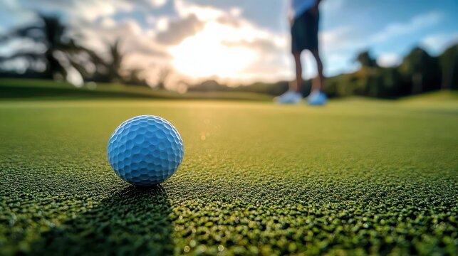 Close-up of a golf ball on a green putting surface with a golfer standing in the background during sunset under a partly cloudy sky - Powered by Adobe