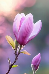 Fototapeta premium Close-up of delicate pink magnolia flowers blooming on a branch with soft pastel background creating a serene and gentle atmosphere