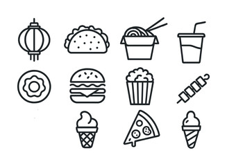 Vector Set of iconic fast food and snack symbols in line art style