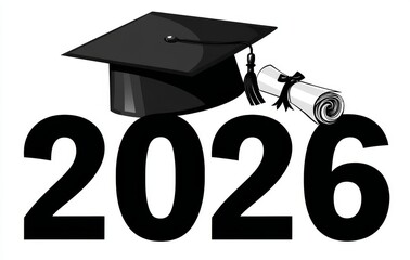 Class of 2026 graduation design featuring a cap and diploma icon, presented in a bold black silhouette for a modern senior year celebration