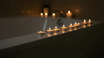 Tealight candles along bathtub edge, candles burning in line, bath relaxation scene, home spa moment, romantic evening , stress relief and mindfulness, flame reflections on water, cozy bathroom setup - Powered by Adobe