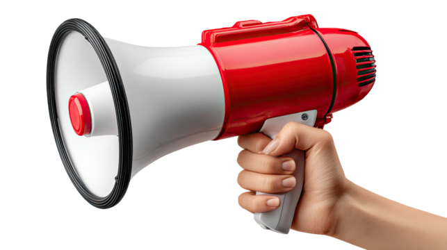 Voice amplification: A striking close-up of a hand firmly gripping a megaphone, painted in vibrant red and white hues, ready to broadcast a message.