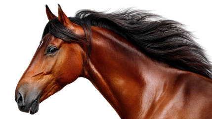 Majestic Horse in Profile: A close-up view of a regal horse, showcasing its elegant profile, flowing mane, and rich, chestnut coat, embodying grace and power.