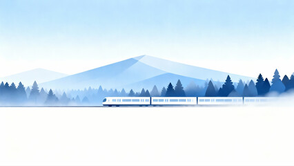 A high-speed train travels through a serene winter landscape with snow-covered mountains and evergreen trees in the background.
