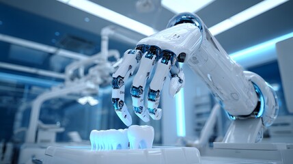 Advanced robotic arm inspects artificial teeth in a futuristic dental clinic.