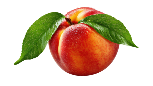 Peach's Embrace: a succulent peach, its rosy hues kissed by the sun, cradled by vibrant green leaves, showcasing nature's perfect harmony. 