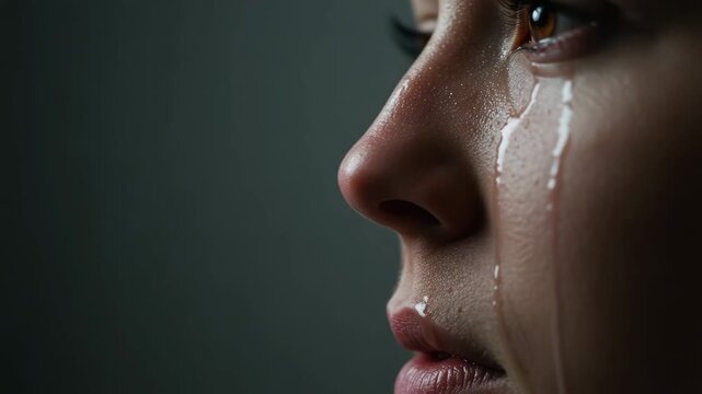 Slow motion tear rolling down cheek, breakup aftermath, tear after bad news, crying alone at home, mental health crisis, anxiety and stress release, closeup cheek with tear path