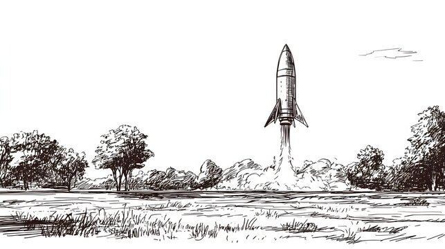 Rocket ascends with smoke and flames from grassy field amidst trees. - Powered by Adobe