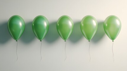 Five green balloons float against a light gray wall with shadows.
