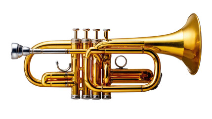 Naklejka premium Brass Brilliance: A gleaming trumpet rests in isolated, its lustrous golden surface reflecting the light, offering a close-up glimpse into the intricate mechanics of this brass instrument.