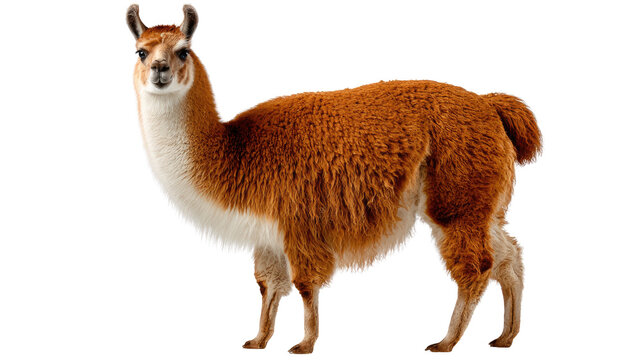 Llama Stance: An elegant llama stands confidently, its rich coat gleaming under the sun, showcasing its majestic poise. - Powered by Adobe