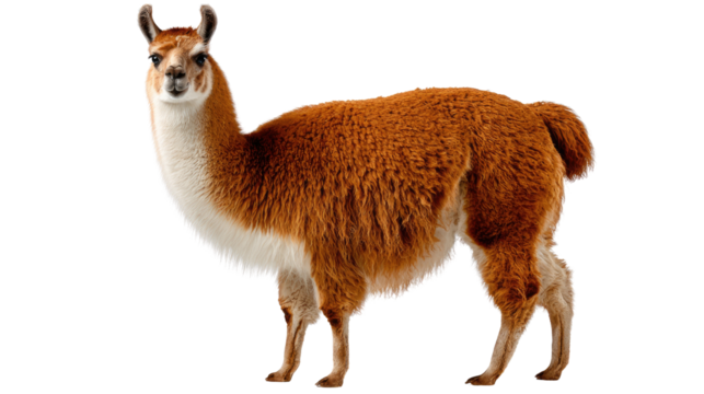 Llama Stance: An elegant llama stands confidently, its rich coat gleaming under the sun, showcasing its majestic poise.