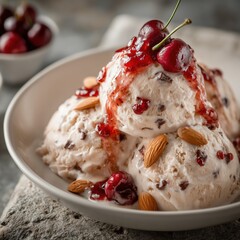 Ice cream scoops with cherries and almonds