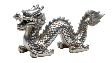  Majestic Dragon Statue: A detailed depiction of a mythical dragon in silver, its scales meticulously crafted, its gaze commanding, evoking power and ancient symbolism. 