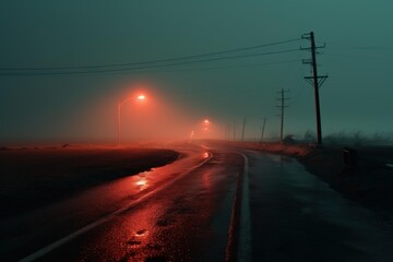 Foggy night scene with an illuminated winding paved road and street lights