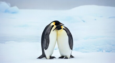 Majestic Antarctic Emperor Penguin Couple Surviving a Cold Winter Snowstorm Together
