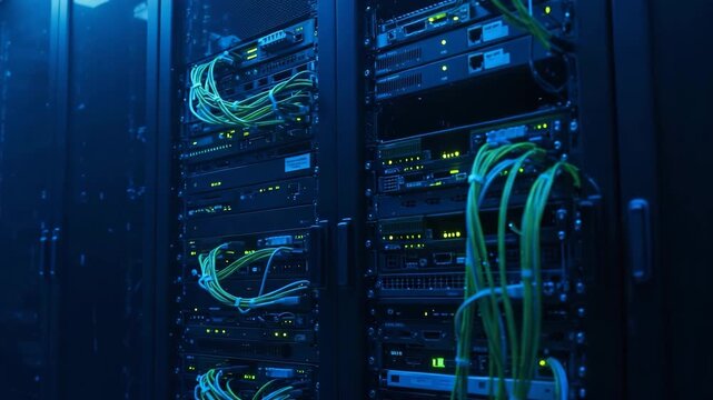 Server cabinet with LED activity, server rack cables patched, data center operations, server replacement and reboot, network equipment diagnostic, IT infrastructure maintenance, enterprise data center