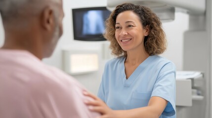 Fototapeta premium A smiling Latina radiology technician supports an elderly male patient during a medical scan in a bright clinic. Her caring expression and professional posture symbolize trust, empathy, and healthcare