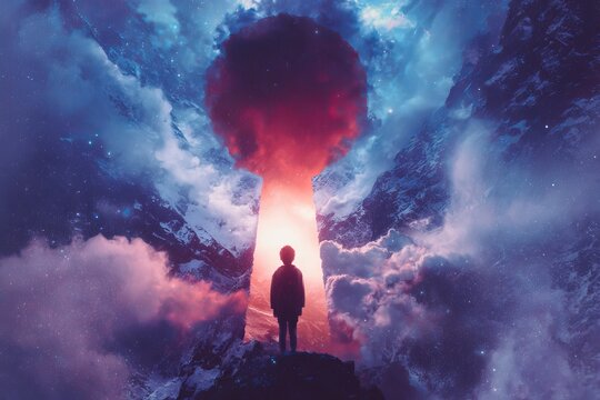 Discovering one's purpose and unlocking potential is symbolized in the concept of a person facing a gigantic padlock, the key to which is illuminated by the energy of believing in oneself