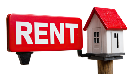 Rental Property: A miniature house model next to a bold 'Rent' sign, signaling opportunity in real estate.