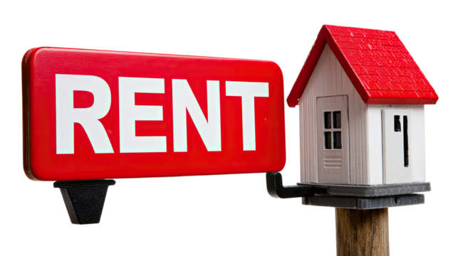 Rental Property: A miniature house model next to a bold 'Rent' sign, signaling opportunity in real estate.