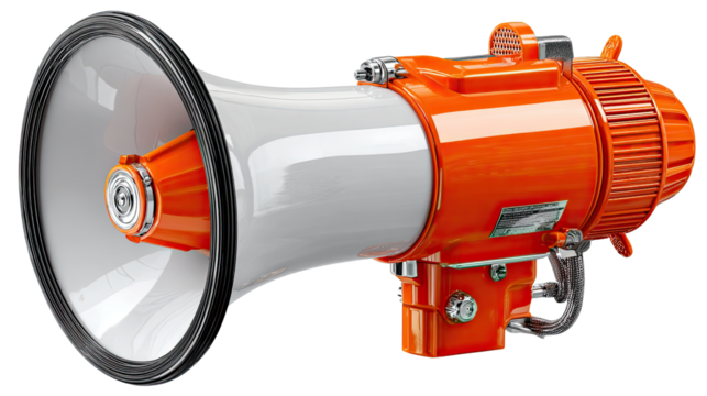 Megaphone Amplification: A close-up view of an orange and white megaphone, perfectly captured against a pristine background. It is a symbol of announcements, communication, and clear directives.