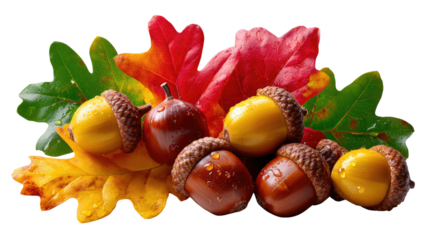 Autumn's Embrace: A vibrant composition of colorful autumn leaves and acorns, creating a harmonious display of fall season.