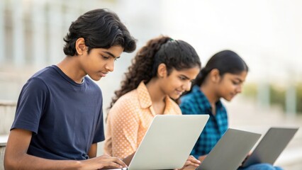 Group of Indian teenagers using laptops — representing technology skills, focus, and education
