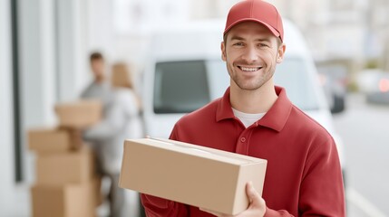 A smiling European delivery man in a red uniform holds a cardboard box in front of a van on a city street. The bright light and friendly gesture convey professionalism, reliability, and customer servi