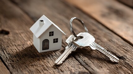 Tiny house model and keys rest on weathered wooden surface.