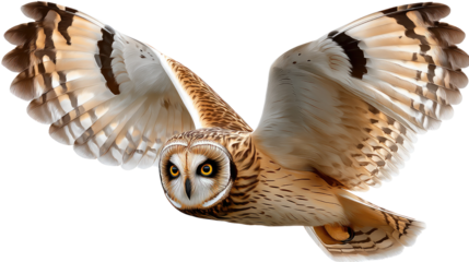 Owl in Flight: A majestic owl soars gracefully through the air, its wings spread wide. The picture captures the essence of freedom and agility. 