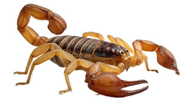 Scorpion: A close-up image of a scorpion, showcasing its unique characteristics and segmented body. This striking visual reveals the intricate details of the arachnid