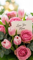 Close-up bouquet of pink tulips and roses with handwritten “Love You Mom” greeting card, bright background