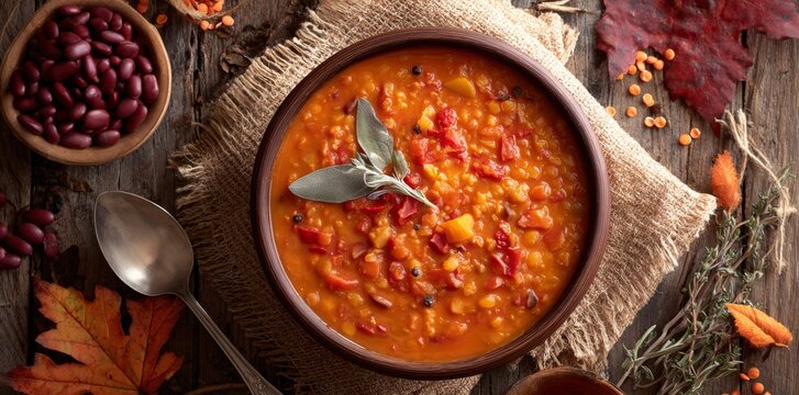 In a rustic bowl, aromatic lentil soup is served and topped with a sprinkle of fresh parsley, surrounded by an array of spices on wood